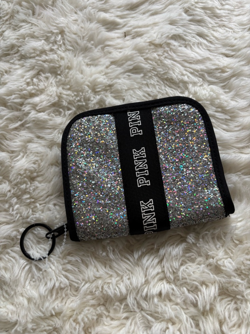 PINK Victoria's Secret Silver Glitter Zip Wallet with Black Trim